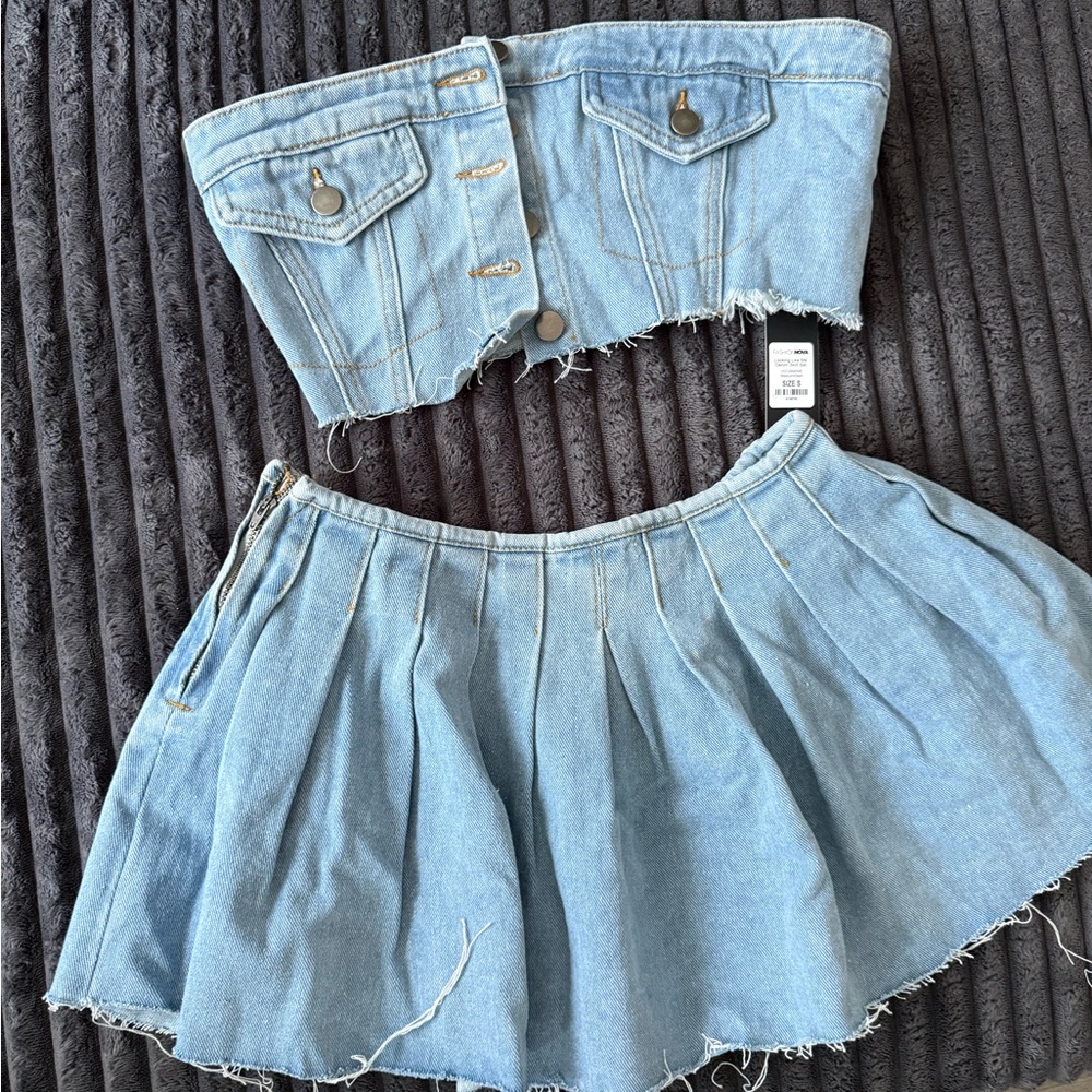 Fashion Nova Light Blue Denim Bustier & Pleated Mini Skirt Set